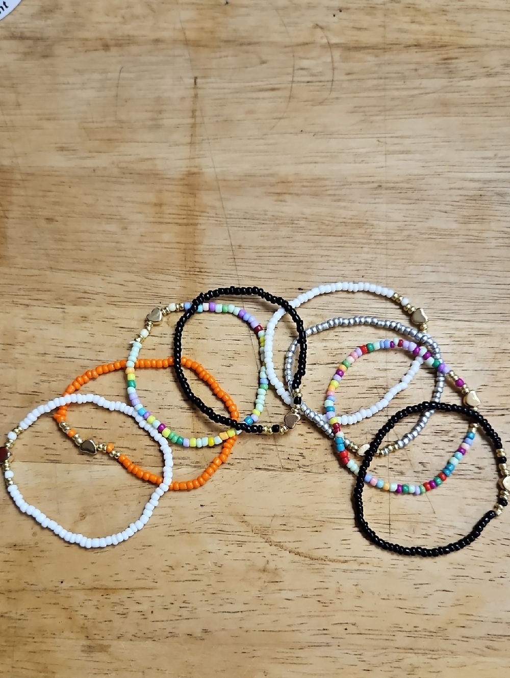 8 Bohemian Bracelets-Women-Handcrafted Seed Bead Stretch-Gold Heart Accent - NEW